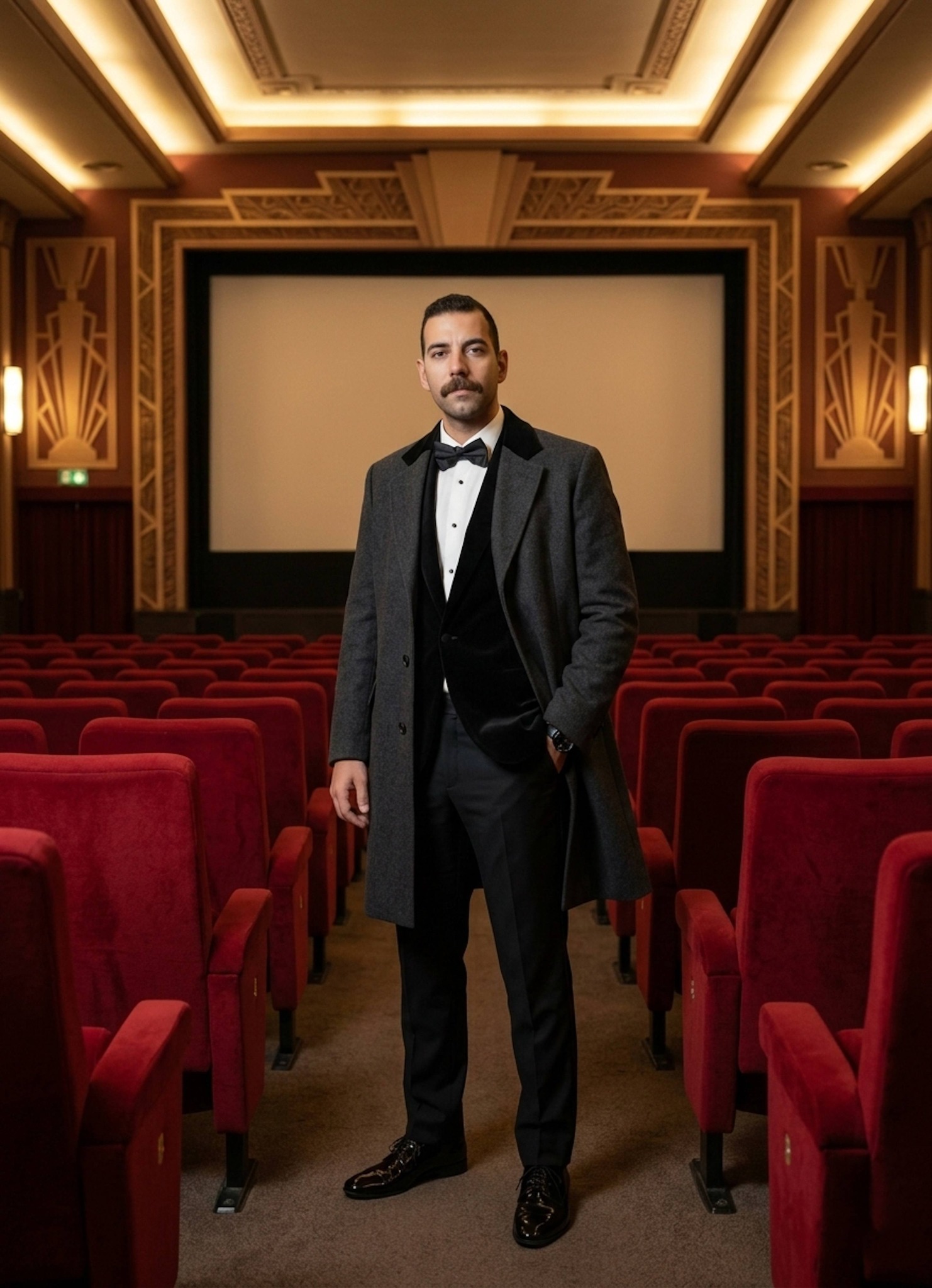 Elegant portrait standing alone in a vintage Art Deco cinema with plush red velvet seats wearing a charcoal overcoat