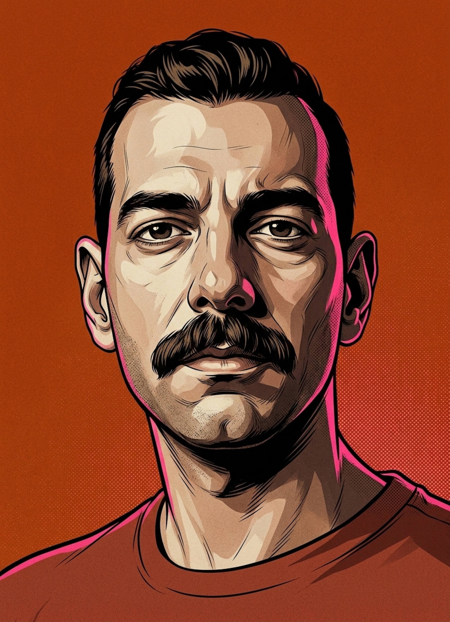 Highly detailed neo-noir portrait illustration with comic ink lines dramatic chiaroscuro and earthy color palette