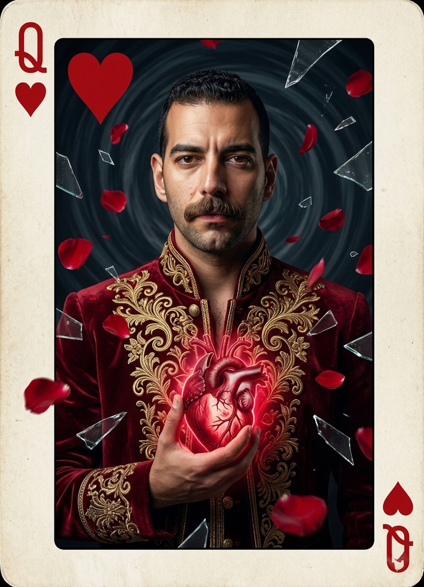 Dramatic surreal portrait styled as King of Hearts in a playing card with red velvet jacket and glowing heart