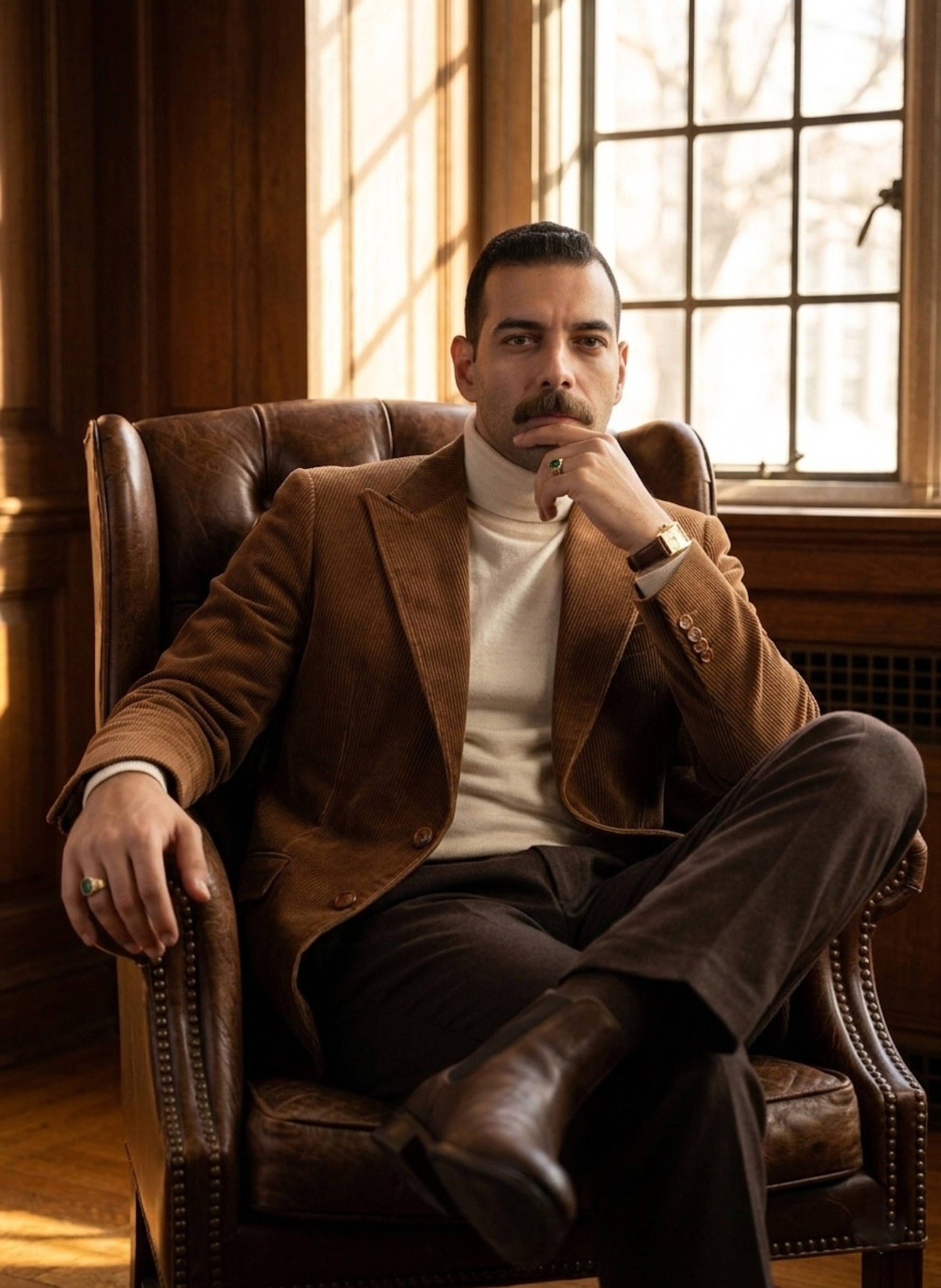 Vintage academic portrait seated in an antique leather armchair with gridded window sunlight in a wood-paneled studio