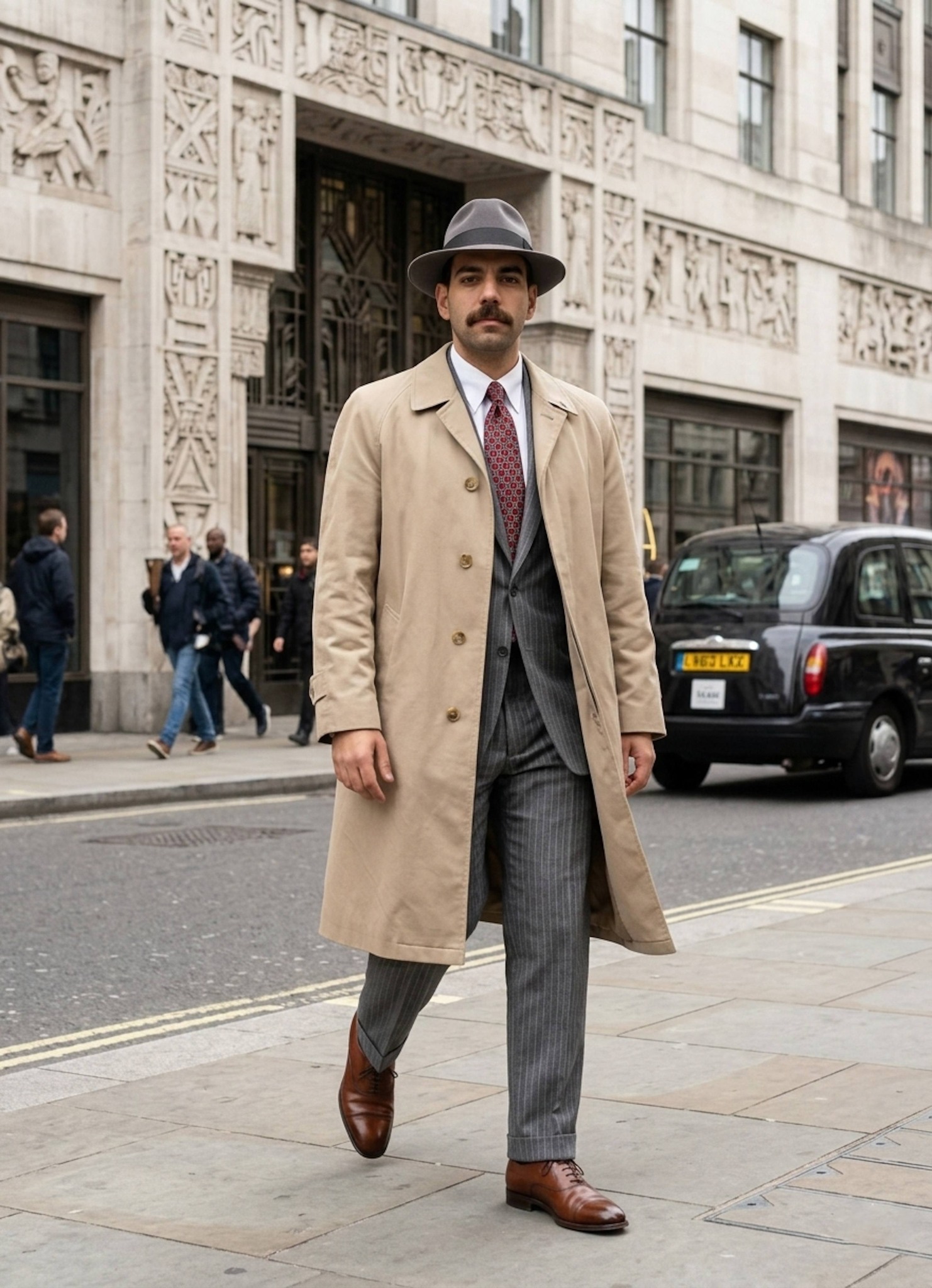 Person wearing a fedora walking confidently down a daytime street lined with monumental Art Deco buildings