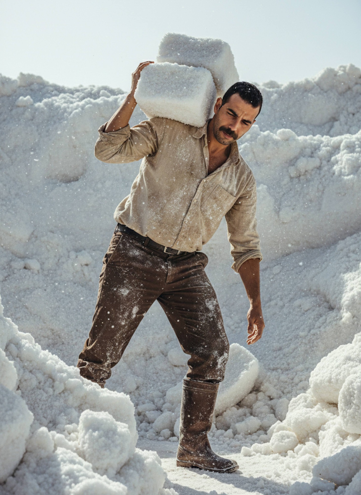 Person working inside a natural salt mine in the Siwa Desert surrounded by crystal formations in documentary style