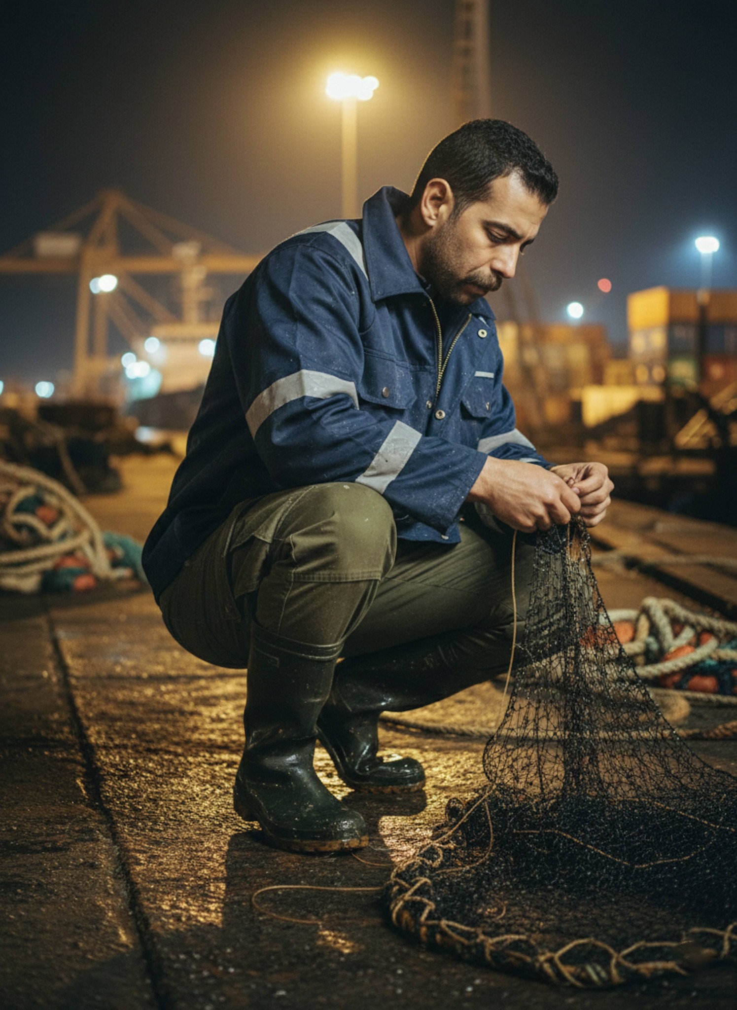 Person repairing fishing nets at night on a Red Sea industrial port dock with dramatic industrial lighting