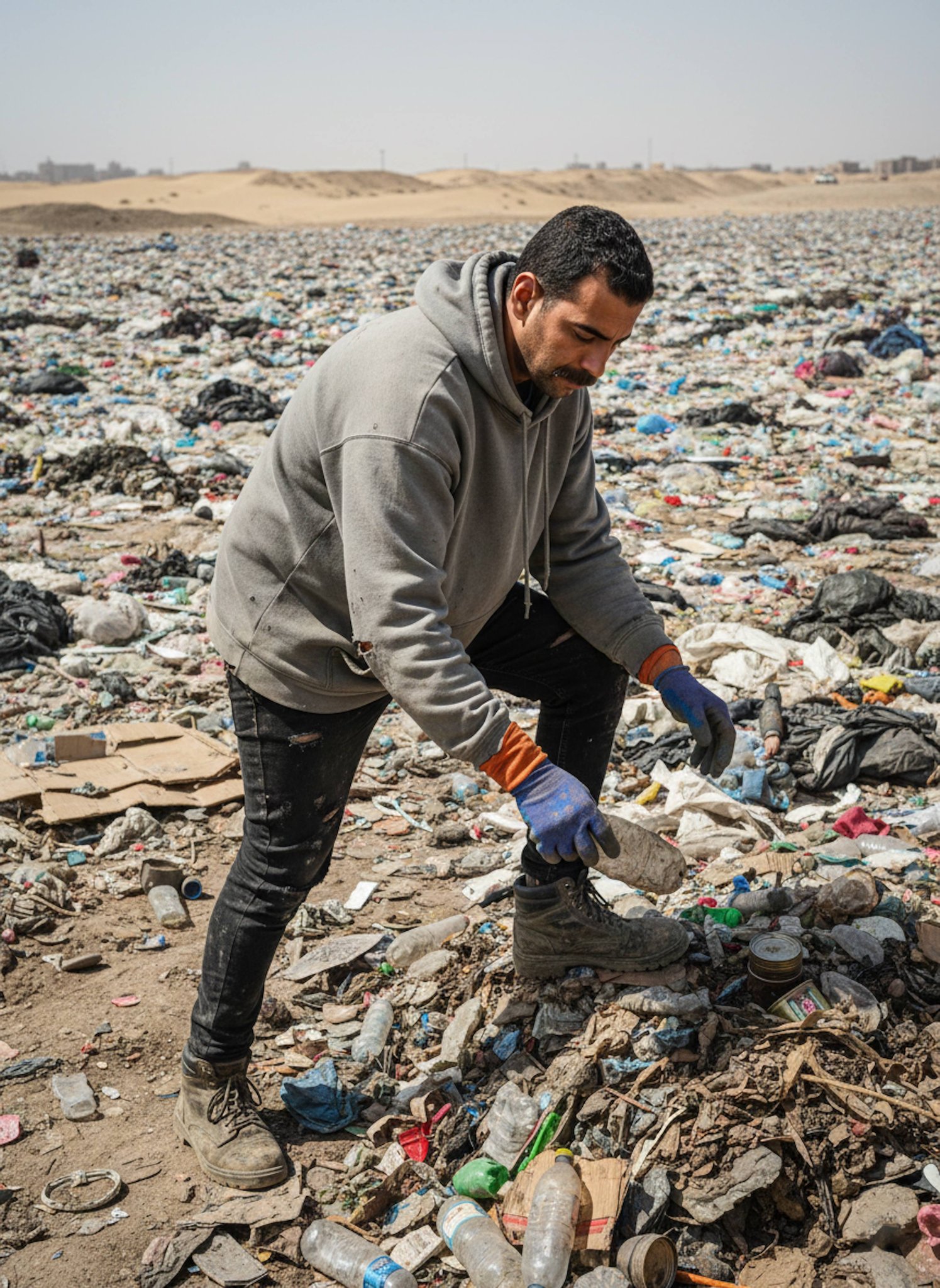 Person sorting recyclable waste at a desert landfill with harsh sunlight and dusty documentary atmosphere