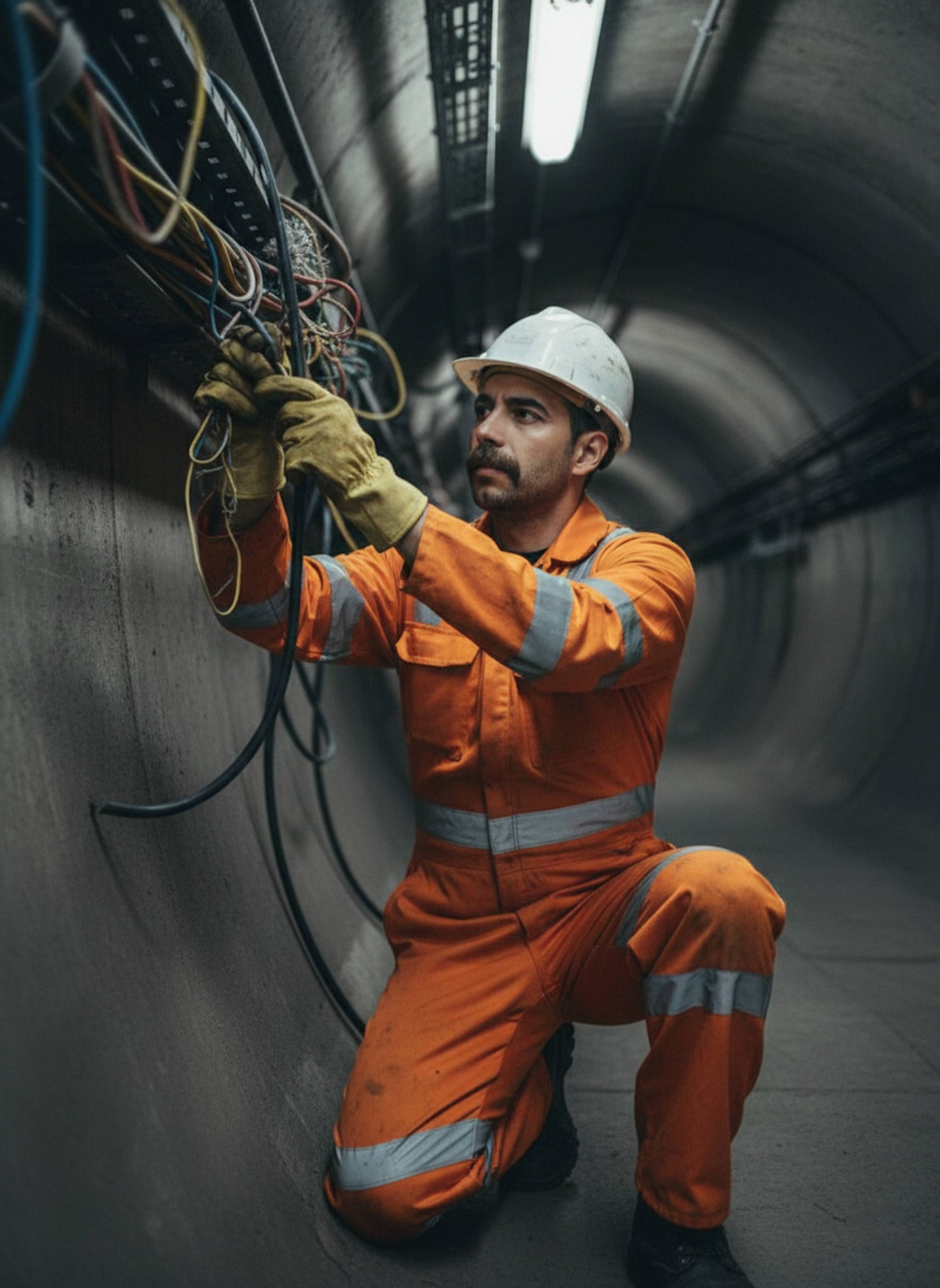Person fixing exposed cables inside an underground metro maintenance tunnel with dramatic utility lighting